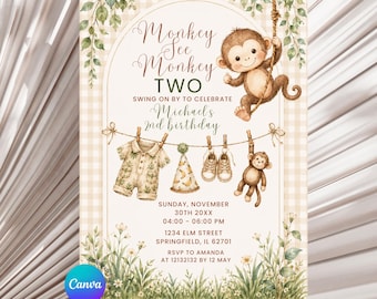 EDITABLE Boho Boy Monkey See Monkey Two 2nd Birthday Gingham Invitation, Brown Monkey Jungle Animal Theme Second Birthday Party Invite, BB4