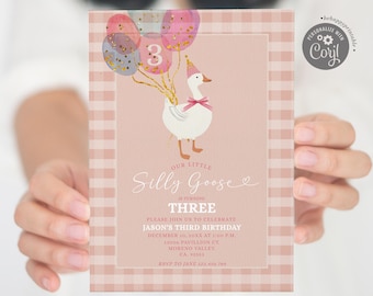 ELEGANT Silly Goose 3rd Birthday Pink Bow Orange Invitation, Elegant Our Little Silly Goose Birthday Pink Peach Silly Goose Balloon, S566