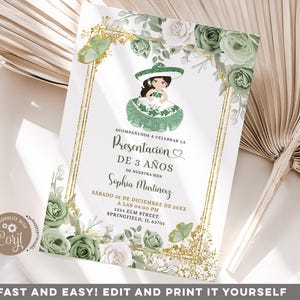 Editable Gold Sage Green Girl's Tres Anos Invitacion, mexican girl third birthday, sage green flowers butterfly Presentacion de 3 Anos S385