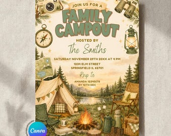 Editable Family Campout Party Invitation, Backyard Bonfire Camping Party Sage Green, BBQ House warming, Outdoor Campfire Gathering, ZLC08