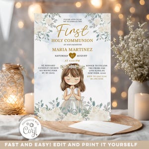 Editável Menina Orando Bíblia Primeira Comunhão Convite de Batizado de Menina, Aquarela Branca Floral Primera comunión invitación, R17