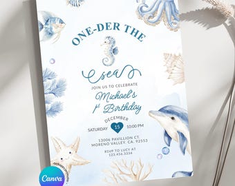 Editable One-der the Sea 1st Birthday Party Invitation, Blue Under the Sea Seashell Theme, Coastal Beach Party Template for Boy invite Z100