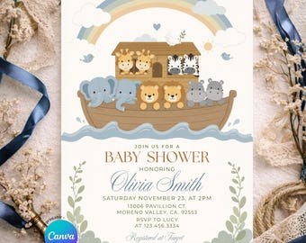EDITABLE Blue Noah's Ark Boy Baby Shower Floral Invitation, Safari Animals Gender Neutral Shower, Noah Adventure Rainbow Bible Theme, S614