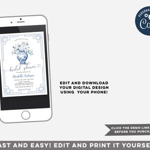 Puede incluir: Una invitaci&oacute;n digital imprimible para una despedida de soltera con un dise&ntilde;o floral azul y blanco. La invitaci&oacute;n presenta un jarr&oacute;n de porcelana azul y blanco con flores blancas. El texto de la invitaci&oacute;n dice "bridal shower" e incluye el nombre de la novia, la fecha, la hora y el lugar del evento.