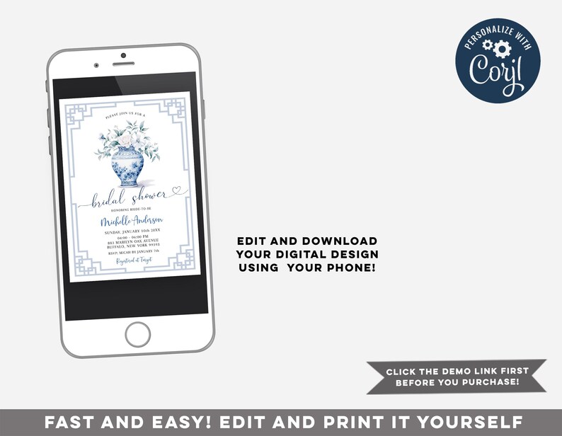 Puede incluir: Una invitaci&oacute;n digital imprimible para una despedida de soltera con un dise&ntilde;o floral azul y blanco. La invitaci&oacute;n presenta un jarr&oacute;n de porcelana azul y blanco con flores blancas. El texto de la invitaci&oacute;n dice "bridal shower" e incluye el nombre de la novia, la fecha, la hora y el lugar del evento.