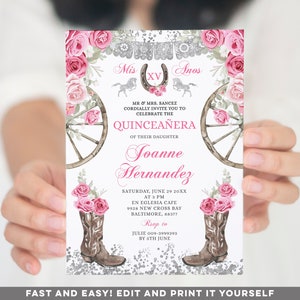 Invitación editable de quinceañera charra con rosa rosa occidental plateada, invitación de quinceañera mexicana con caballo, invitación española para fiesta vaquera con botas Z112