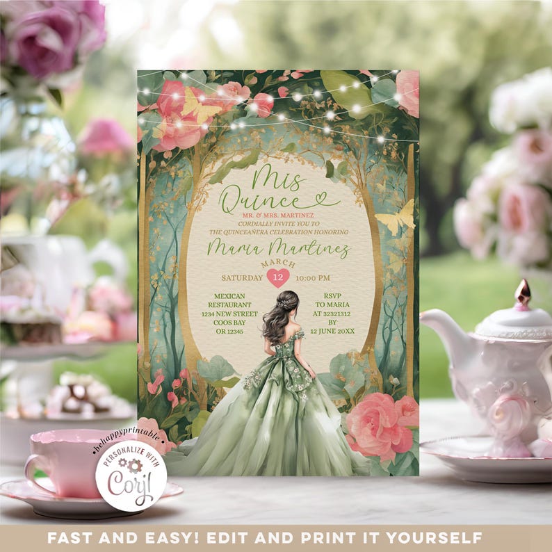 May include: A Quincea&ntilde;era invitation with a green and gold floral design. The invitation features a young woman in a green gown, a heart with the number 12, and the text "Mis Quince" and "Maria Martinez".