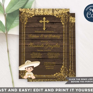 Editable Gold Baptism Invitation for Boy, Charro Spanish Boy Bautizo & 1st Birthday Invite, Rustic wood, Christening Mexican Theme, S275