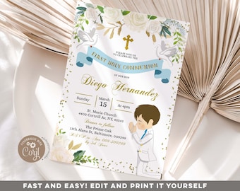 EDITABLE Little Boy Praying First Holy Communion Invitation, White Flowers 1st Holy Communion Invite, Christening Primera Comunion, Z90