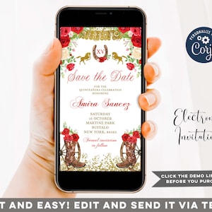 Editable Western Red Rose Charra Save the Date Quinceañera, Mexican boots & floral sweet 16th, mexican 15 años spanish save the date Z112
