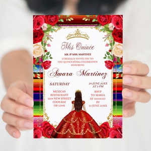 Editable Burgundy Mexican Mis Quince Invite, Colorful burgundy mexican Quiñceanera invitation, Floral fiesta white & red spanish invite S254