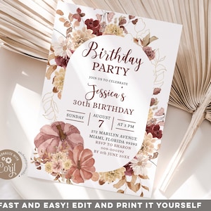 Editable Autumn Boho Floral Pumpkin Birthday party Invite, Floral fall birthday theme invitation, Elegant boho pumpkin kid&#39;s birthday E66