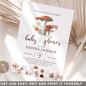 Editable Fall Boho Mushroom Fungi Baby Shower Invitation, Elegant baby shower, autumn boho baby shower invite, Floral mushroom shower Z131