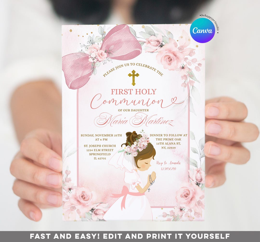 Blush Pink Bow Coquette First Holy Communion Invitation, Dusty Pink ...