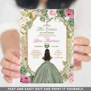 Editable Mis Quince Gold Sage Green and Pink Mexican Princess Invite, Elegant Girl 15 Anos Quinceañera, butterfly 16th birthday Invite, S444