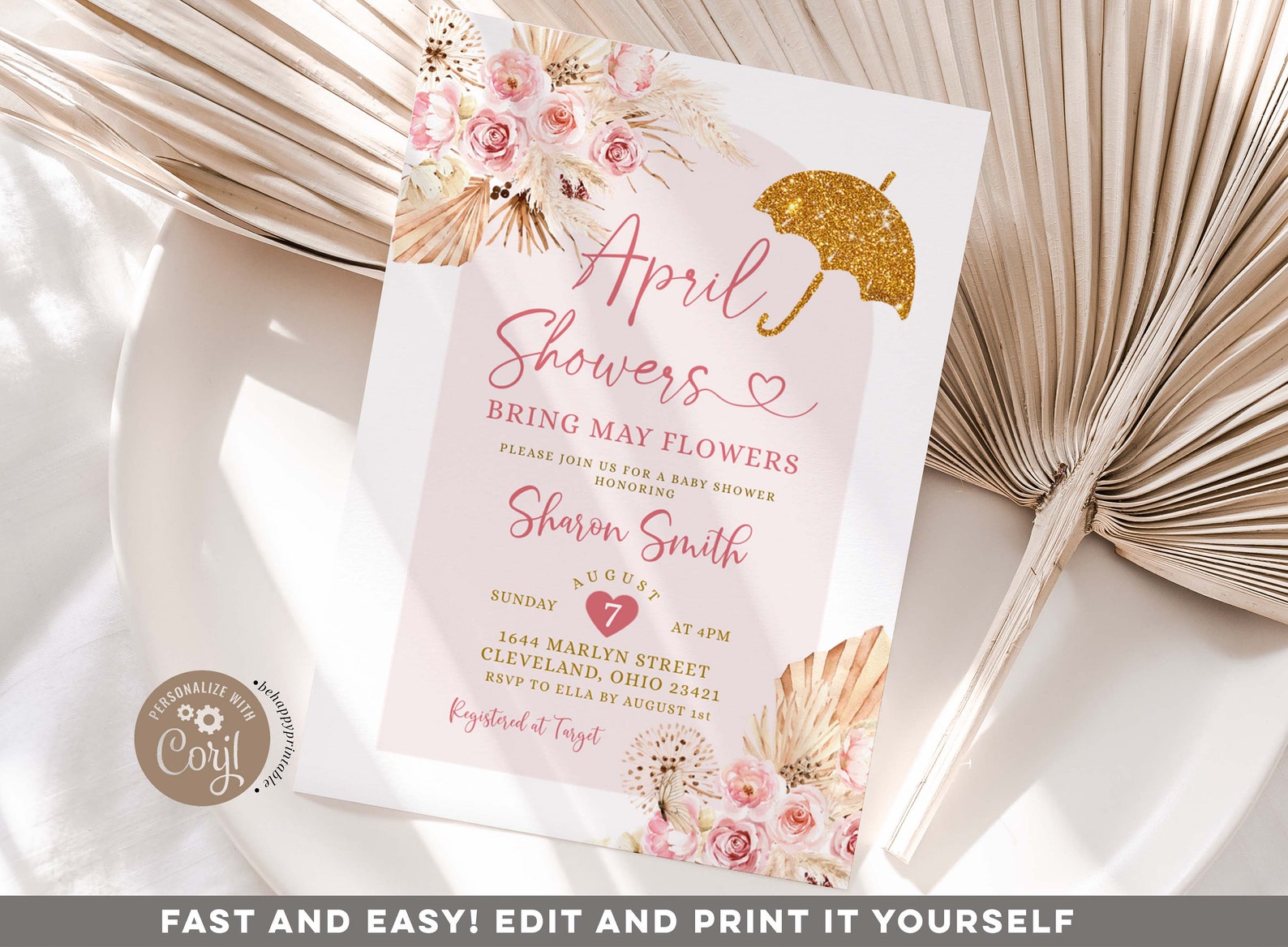 Editable Boho Pink April Showers Baby Shower Invitation, Gold Umbrella ...