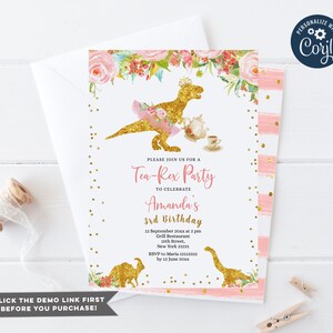 Editable Tea-Rex Tutu Party Dinosaur 3rd Birthday Invitation, Girl Birthday Tea Party Invite, Pink & Peach Flowers, Greenery floral, S287