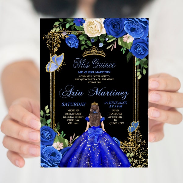 Editable Mis Quince Royal Blue Floral Birthday Black Background Invitation, Mexican princess quinceañera, Spanish girl sweet 16th, S385