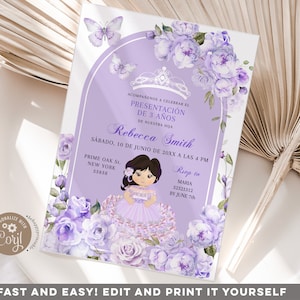 Convite de aniversário de 3 anos editável estilo boho mexicano roxo, elegante borboleta floral lilás para 3º aniversário, arco de tom quente lilás para 3 anos, convite Q31
