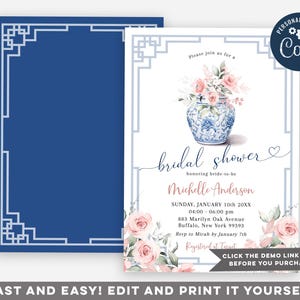 May include: A blue and white floral bridal shower invitation featuring a blue and white porcelain vase with pink flowers. The invitation includes the text "Please join us for a bridal shower honouring bride-to-be Michelle Anderson" and the date, time, and location of the event.