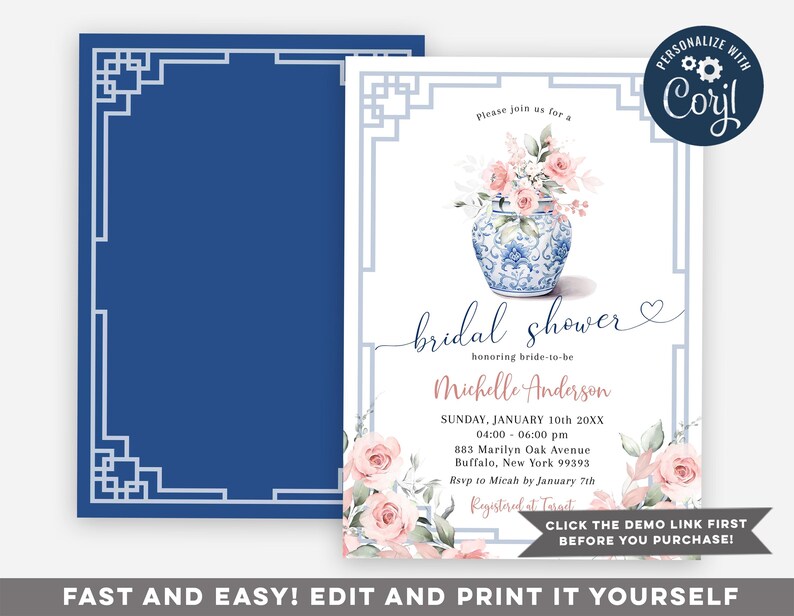 May include: A blue and white floral bridal shower invitation featuring a blue and white porcelain vase with pink flowers. The invitation includes the text "Please join us for a bridal shower honouring bride-to-be Michelle Anderson" and the date, time, and location of the event.