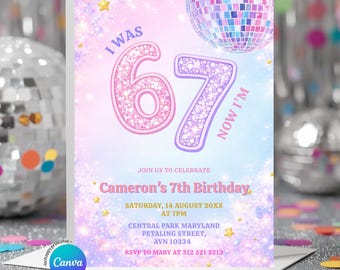 EDITABLE Pastel Sparkle Disco Glam 67 Kids Birthday Party Invitation, Disco Ball Rainbow Glitter 7th Birthday Pink Purple Dance Party, BR2