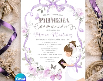 Spanish Girl Praying Bow Coquette Purple Silver Girl Primera Comunion Floral Invitation, First Holy Communion Butterfly Cross Invite, ZL26
