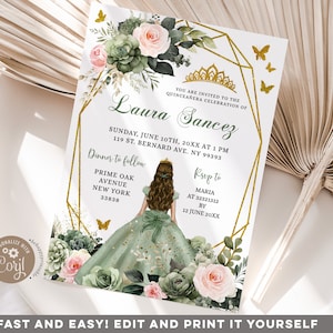 Editable sage green dress princess quinceanera invitation, gold sage green girl sweet 16th birthday, blush pink butterfly 15 años invite Q26