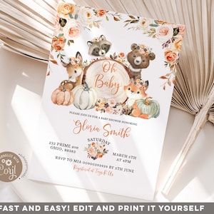 Editable Autumn Woodland Girl Oh Baby Baby Shower Invitation, Floral and pumpkin baby shower, peach color and cute animal baby invite Z51