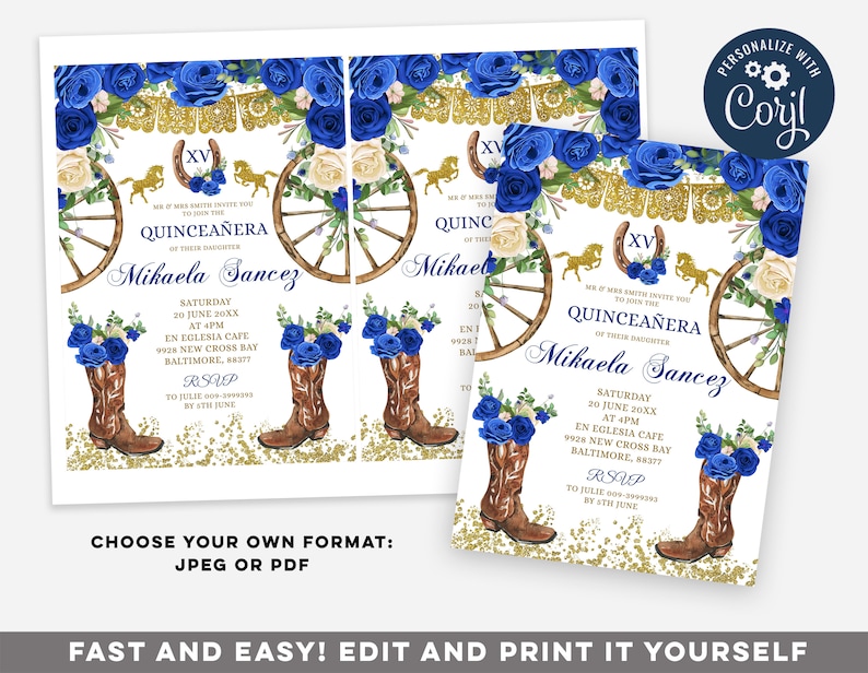 Editable Western Royal Blue & Gold Quinceañera Invitation, Floral western boots Quinceañera mexican invite, Gold horse charra invite Z112 image 3