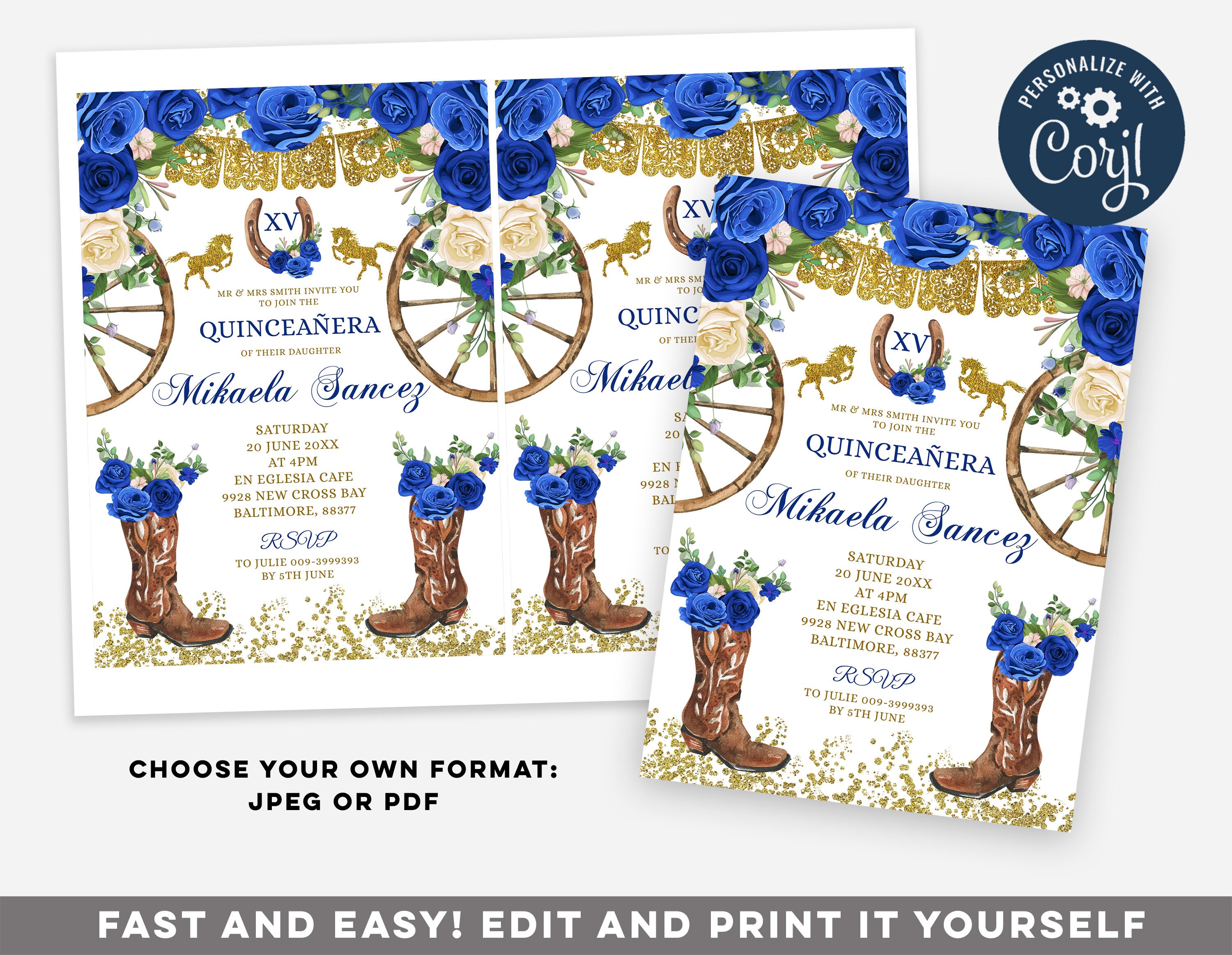 Editable Western Royal Blue & Gold Quinceañera Invitation