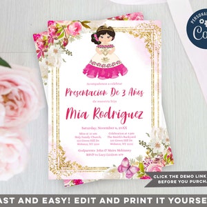 Editable Presentación de tres años invitación niña, Girl Charro 3rd Birhtday in Spanish invite, Mexican Pink Floral Three birthday, S344