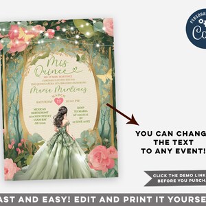 May include: A Quincea&ntilde;era invitation featuring a green and gold design with a floral border. The invitation includes the text "Mis Quince" and "Maria Martinez" with a date and time. The invitation also features a cartoon illustration of a young woman in a green dress.