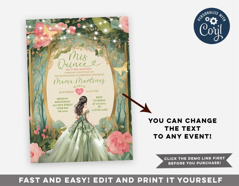 May include: A Quincea&ntilde;era invitation featuring a green and gold design with a floral border. The invitation includes the text "Mis Quince" and "Maria Martinez" with a date and time. The invitation also features a cartoon illustration of a young woman in a green dress.