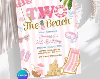 Editable Pink Stripe Two the beach Party girl Birthday Invitation, Fun Summer Swim Party Neutral Invite, Any Age Birthday Beach Party, Z101