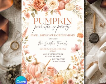 Editable Boho Floral Pumpkin Painting BYOP Party Terracota Floral Invitation, fall autumn housewarming invite, It's Good to be home ZLC10