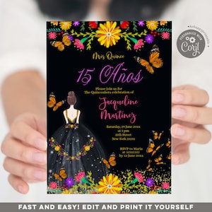 Quinceanera invitation, Editable 15th Girl birthday, Colorful Floral & Black Background, Mexican theme invite, Mis Quince Anos invite, S265