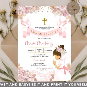 EDITABLE Girl Boho Pink Floral Primera comunión Invitation, 1st Holy Communion Little Girl Praying, First Christening Holy Communion, S440