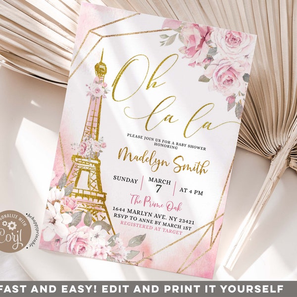 Editable Soft Blush Pink Rose Paris Bridal Shower Invitation, Pink and gold French bridal shower invite, geometric floral paris invite Z152