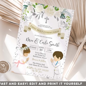 Editable Silver Twin boy and girl kneel first holy communion, Elegant spanish christening invite, White floral siblings holy communion Z90