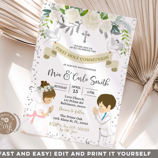 Editable Silver Twin boy and girl kneel first holy communion, Elegant spanish christening invite, White floral siblings holy communion Z90