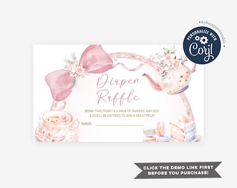 Tarjeta de rifa de pañales con lazo rosa editable para bebé perla, tarjeta para baby shower con tema de fiesta de té, tema floral bohemio rosa ruborizado B6