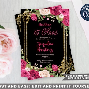 EDITABLE Quinceanera, 15th Girl birthday invitation, Pink Flowers & Black Background, Mexican theme, Printable Mis Quince Anos invite, s271