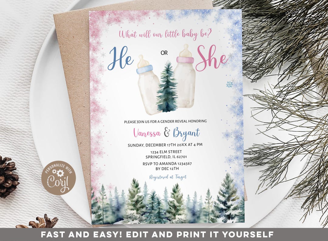 Editable He or She Baby Bottle Winter Gender Reveal Invitation, Winter ...
