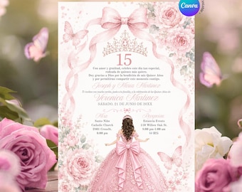 May include: A pink Quinceañera invitation with floral and butterfly accents. The design features a young woman in a pink gown, a tiara, and the number 15. Text includes event details and the phrase "Fast and Easy! Edit it by Yourself."