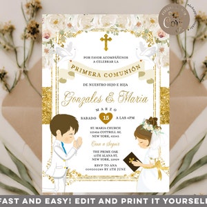 EDITABLE Twin boy and girl sibling Primera comunión Invitation, Elegant Chistening White Flowers Invite, Gold 1st Boy Girl Communion, S219