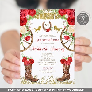 Puede incluir: Una invitación a una Quinceañera con un esquema de color rojo, blanco y dorado. La invitación presenta una herradura con el número XV, una rueda de carro y botas de vaquero. El texto de la invitación dice "MR & MRS SMITH INVITE YOU TO JOIN THE QUINCEAÑERA OF THEIR DAUGHTER Mikaela Sancez SATURDAY 20 JUNE 20XX AT 4PM EN EGLESIA CAFE 9928 NEW CROSS BAY BALTIMORE, 88377 RSVP TO JULIE 009-3999393 BY 5TH JUNE"