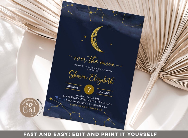 Editable Night Sky Over the Moon Baby Shower Invitation starry night moon bridal shower Celestial bridal shower moon bridal