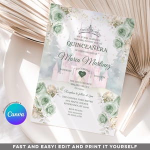 Editable Quinceañera Sage Green Mexican Princess Floral Invitation, Girl 15 Años Mis Quince butterfly 16th birthday Silver Crown invite S488