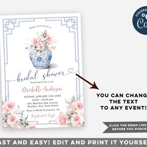 May include: A blue and white porcelain vase with pink flowers, a blue and white border, and the text "bridal shower" in a cursive font. The text "honoring bride-to-be" is below the text "bridal shower". The text "Michelle Anderson" is below the text "honoring bride-to-be". The text "Sunday, January 10th 20XX" is below the text "Michelle Anderson". The text "04:00 - 06:00 pm" is below the text "Sunday, January 10th 20XX". The text "883 Marilyn Oak Avenue" is below the text "04:00 - 06:00 pm". The text "Buffalo, New York 99393" is below the text "883 Marilyn Oak Avenue". The text "Rsvp to Micah by January 7th" is below the text "Buffalo, New York 99393". The text "Registered at Target" is below the text "Rsvp to Micah by January 7th".